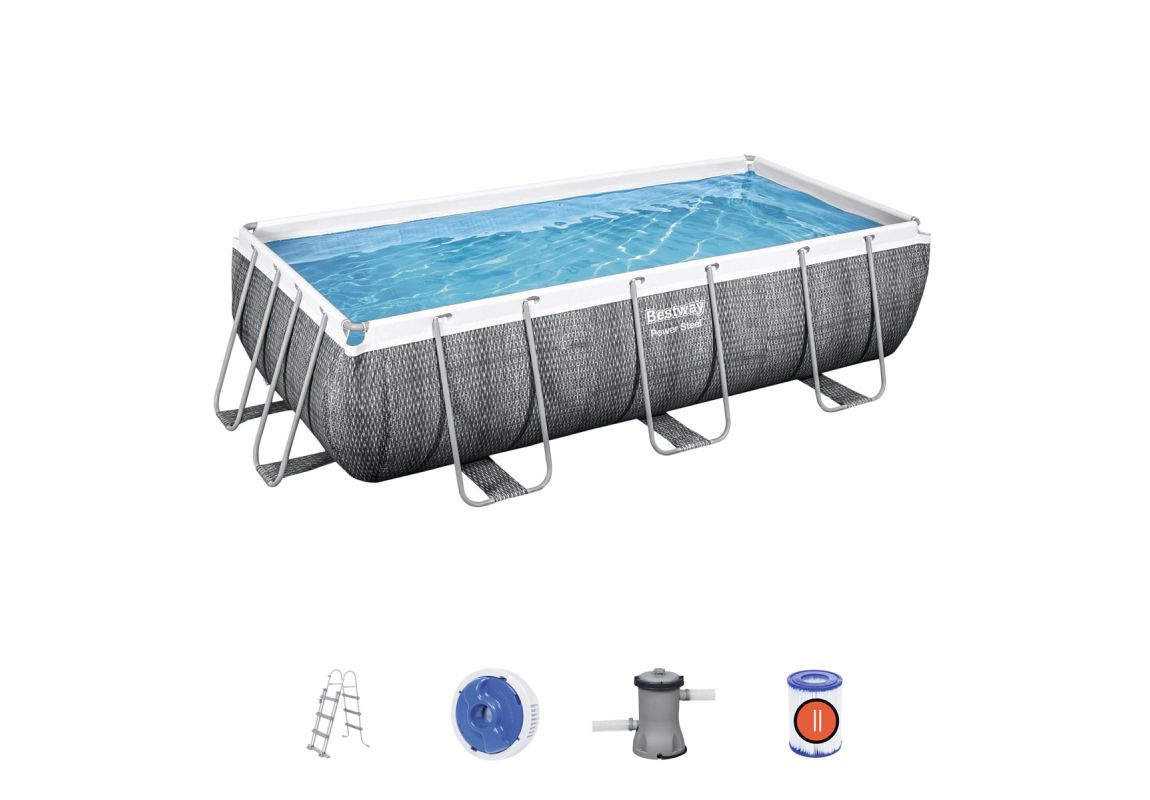 Montažni bazen Power Steel™ Rectangular | 404 x 201 x 100 cm z vzorcem sivega ratana s kartušno filtrsko črpalko