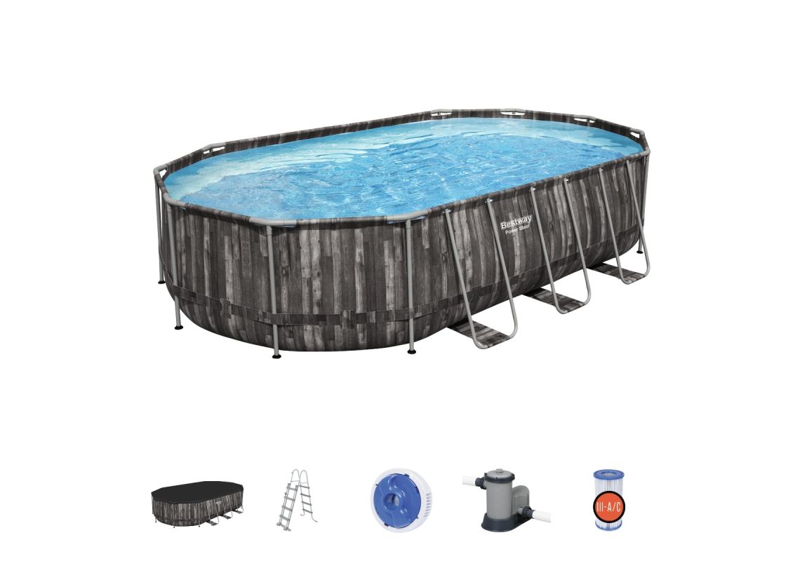 Montažni bazen Power Steel™ Oval | 610 x 366 x 122 cm z vzorcem lesa s kartušno filtrsko črpalko