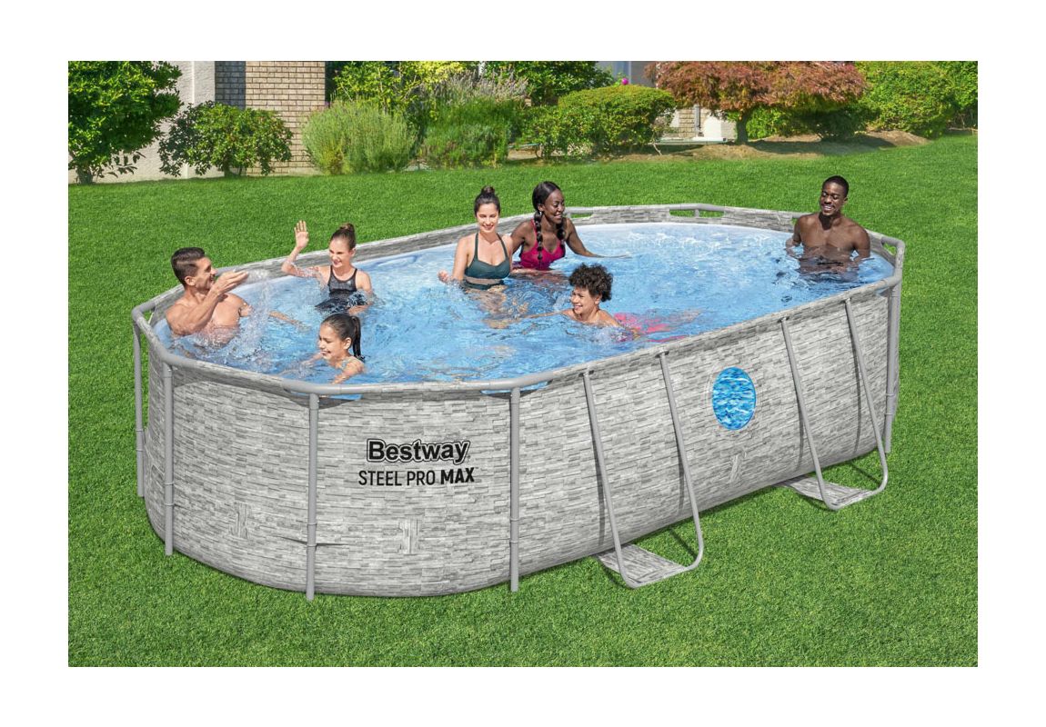 Montažni bazen Steel Pro MAX™ Splashview™ | 488 x 305 x 107 cm z vzorcem kamna s filtrsko črpalko na pesek