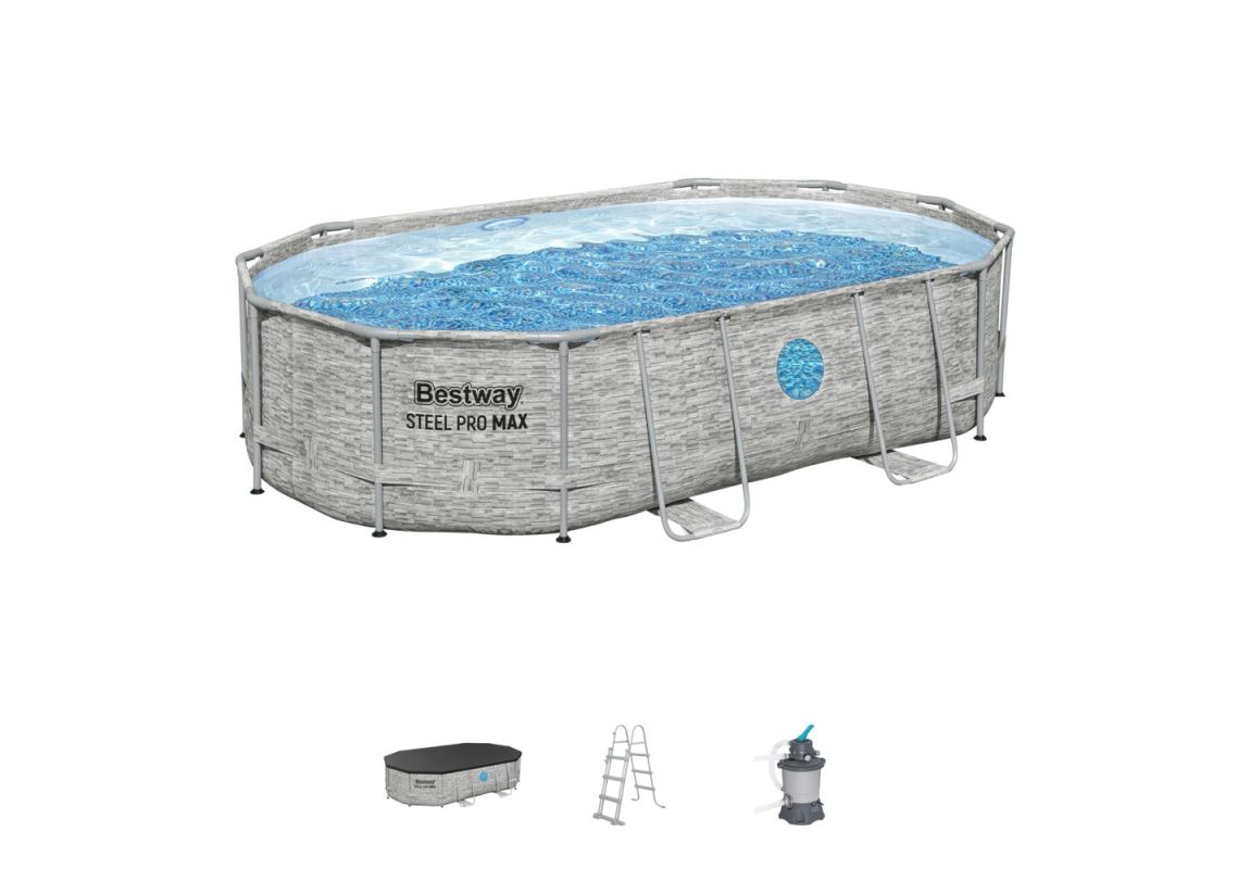 Montažni bazen Steel Pro MAX™ Splashview™ | 488 x 305 x 107 cm z vzorcem kamna s filtrsko črpalko na pesek